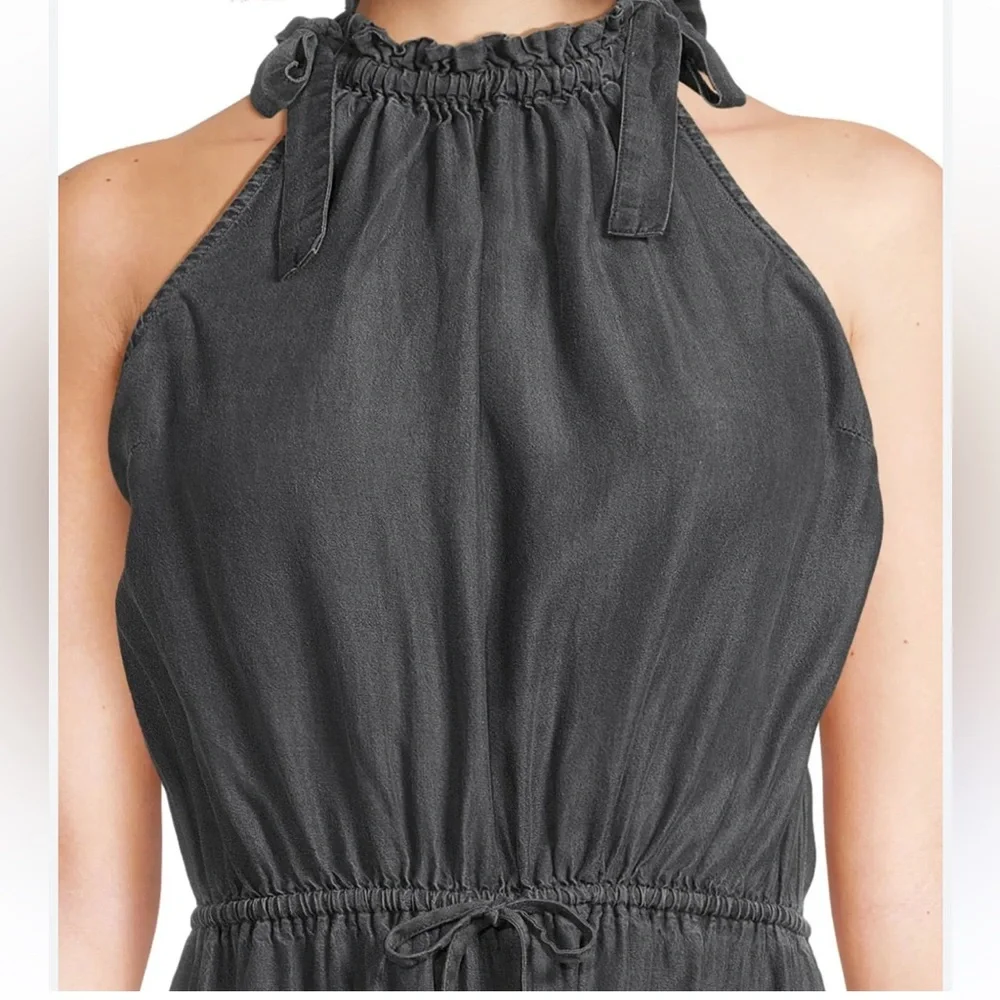 Tie Halter Maxi Dress Washed Black Ruffle Hem Time and Tru Elastic Waist Pockets - Picture 3 of 10